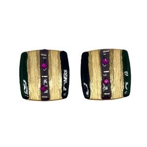 Vintage 80s Gold Painted Enamel Purple Rhinestone Accent Large Square Earrings